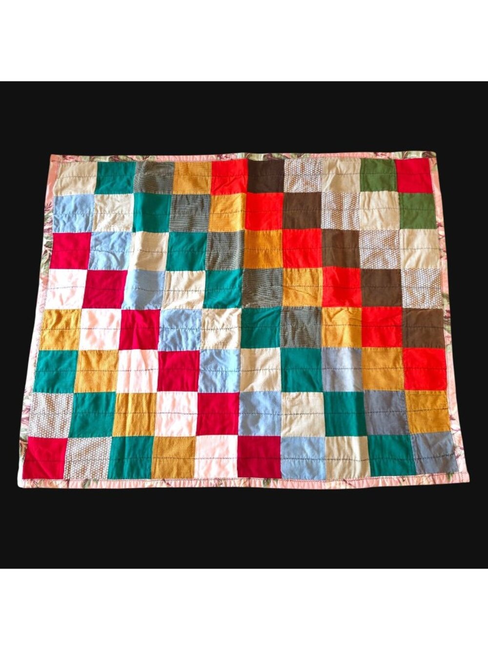 Vintage 70s Handmade Patchwork Quilt Corduroy Scrap Squares Floral Backing Boho
